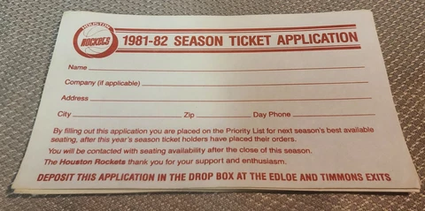 Vintage 1981-1982 Houston Rockets Season Ticket Application Cover