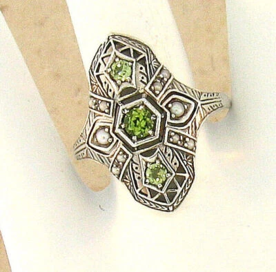 GENUINE PERIDOT PEARL ANTIQUE  ART DECO DESIGN 925 STERLING SILVER RING 037X - Image 1 of 4
