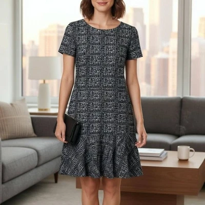 Maison Jules Tweed Dress Size L Flounce Hem Short Sleeve Black and White, - Image 1 of 4