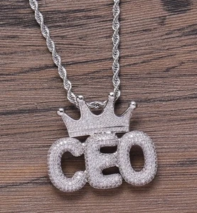 Silver “CEO” Crown Pendant Necklace – Alloy & Resin | Rhinestone Chain - Picture 1 of 1
