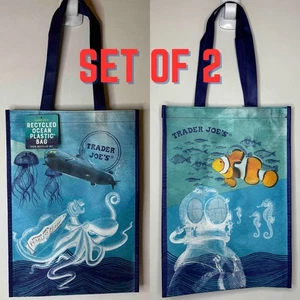 LOT of 2 Trader Joe’s Ocean Recycled Plastic Tote Bag Reusable Shopper Blue NWT! - Imagen 1 de 10