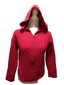 Carraig Donn Aran Damen Himbeerrot Shetland Wolle Kapuze Zopfmuster Jacke S - Bild 1 von 13