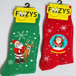 2 PAIRS Foozys Men’s Christmas Socks Green Santa Rudolph Red Santa Snowglobe New - Picture 1 of 2