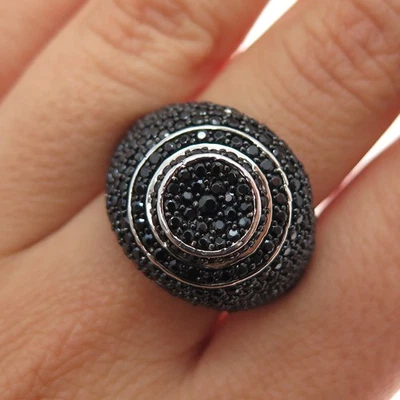 925 Sterling Silver Real Round-Cut Black Spinel Modernist Ring Size 8 - Image 1 of 4