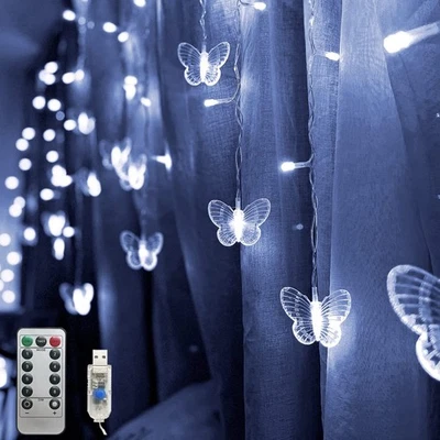 Luces de hadas cortina mariposa enchufe USB 8 modos 120 LED 20 PIES luciérnaga centelleante Foto 1 de 4
