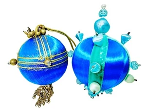 Vintage 70s Blue Satin Push Pin Carved Beads Teal Velvet Chains 2 Boho Ornaments - Picture 1 of 21