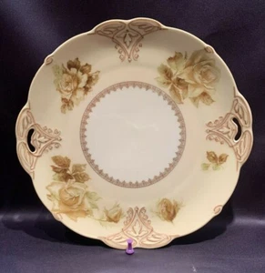 Antique C1920 Porcelain Old Ivory H. Ohm Silesia 9 7/8" Handled Cake Plate Roses - Picture 1 of 5