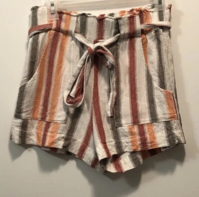 Indigo Rein Paper Bag Style Vertical Stripe Shorts Cream, Peach M - Image 1 of 4