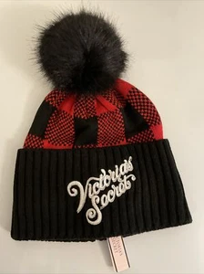 Victoria's Secret Winter Jacquard Pom Pom Beanie Hat Buffalo Plaid Red Black New - Picture 1 of 4