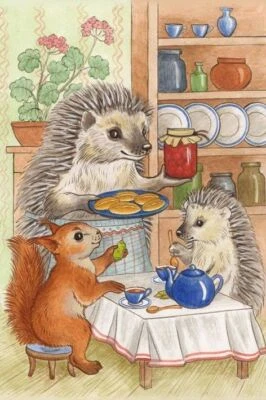 Juego hecho a mano de dos bloques de tela de algodón retro vintage 4x7 TEATIME CON ERIZOS Foto 1 de 3