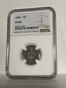 1884 PROOF Seated Liberty Dime 10C Coin. Certified NGC PR66 blue toned