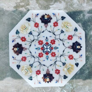 White Marble Inlay Side Table Top / Indian Handmade Table Top / Coffee & End Top - Picture 1 of 9
