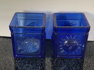 2 square Cobalt Blue tea light candle holders sun & fish designs - Picture 1 of 5