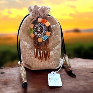 Native American Indian-Style Medicine Bag Beaded Medallion-E Leather Drawstring - Picture 1 of 6