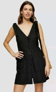 Topshop Black 100% Cotton Pintuck Button Mini Dress UK6 EUR 34 - Picture 1 of 12