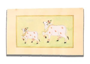 Hermosa pintura hecha a mano de animal de familia de vaca 6 x 11,6 pulgadas "PN13291" - Imagen 1 de 5