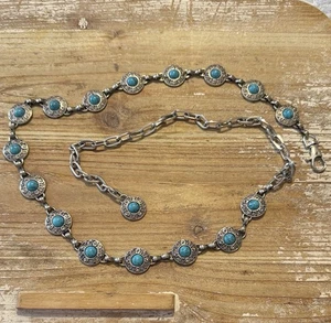 Southwestern Silver Tone Turquoise Blue Chain Link Conch Statement Belt - Picture 1 of 3
