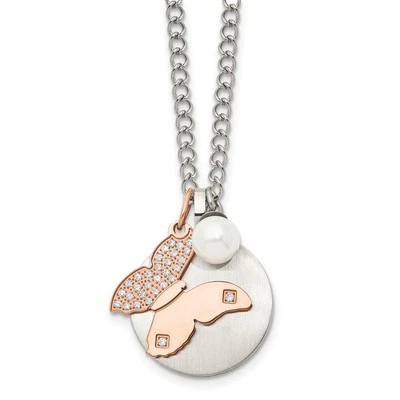 Collar de perlas de acero inoxidable cepillado y pulido rosa IP CZ mariposa y FWC Foto 1 de 4