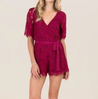 Trixxi Burgundy Lace Romper M Belted Lined Party Date Night Romantic Whimsy - Image 1 of 4