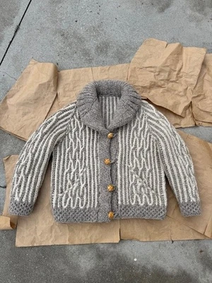 Vintage Handmade Cozy Shawl Cable Wool Sweater Cardigan Grey & Creme Size XS/S - Image 1 of 4