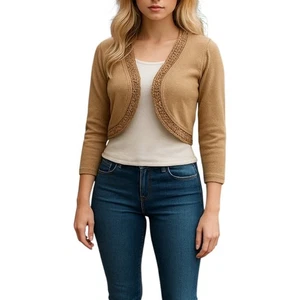 Apostrophe Cropped Bolero Cardigan Womens Medium Petite Beige Open Front Shrug - Picture 1 of 10