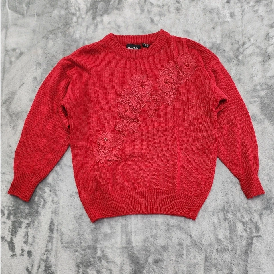 Suéter Vintage Beautifully Mine Para Mujer M Rojo Cuello Redondo Pullover Perlas Cuentas Foto 1 de 4