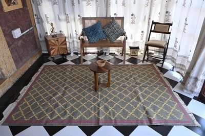 Rugmoda 灰色黄色粉色几何图案 Panja Loom 棉地毯 – 5x8 英尺 — 第 1/4 张图片