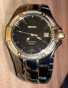 Men’s Seiko Coutura Black, Gold tone and Genuine Diamond Watch 7” Fast Free Ship - Picture 1 of 17