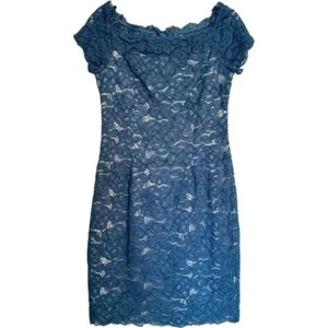 Adrianna Papell Women Size 6 Floral Lace Scallop Hem Blue Mini Sheath Dress EUC - Picture 1 of 14