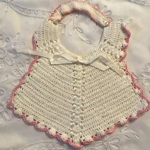 Baby Bib Hand Crocheted White with Pink Trim Button Closure Woven Ribbon Vintage - Picture 1 of 5
