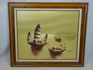 P. Wong Chinese Asian Fishing Junk Boats Oil on Canvas Painting Nautical Framed - Picture 1 of 10