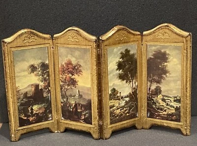 Antique Florentine Doll Style Four Panel Gold Wood Screen - Image 1 of 4