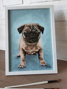 Mops Original Gemälde Haustier Hund Ölgemälde gerahmt 12 mal 9 Tier Wandbild. - Bild 1 von 8