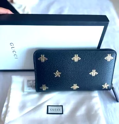 Gucci Black Leather Large Long Wallet Zip Around Gold Box Bee Star Italy NEW • 999€