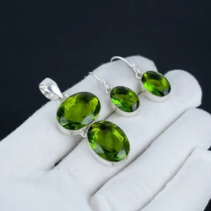 Peridot Gemstone 925 Sterling Silver Pendant & Earrings Jewelry Set For Wedding - Picture 1 of 4