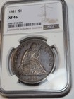 1841 SEATED LIBERTY $1 NO MOTTO NGC XF45 SCARCE LOW MINTAGE EARLY DOLLAR