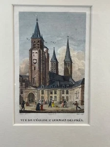 Grabado 1821 Beyer Vue De L'eglise Saint. Germain Des Pres coloreado a mano - Imagen 1 de 14