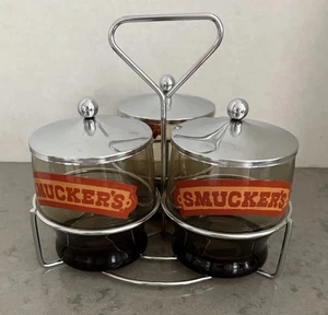Vintage SMUCKER’S 3 Smoked Glass Condiment Jars With Chrome Lids & Caddy Nice! - Picture 1 of 5