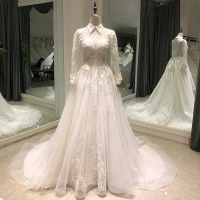 Modest High Neck Lace Applique Tulle Wedding Dresses Beads Sequins Bridal Gowns - Image 1 of 4