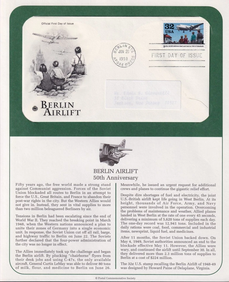 1998 Berlin Airlift 50th anniversary 32c Sc 3211 FDC on a PCS cachet info page - Image 1 of 1