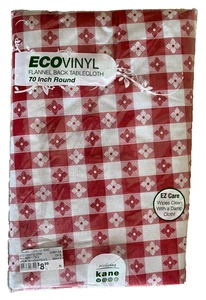 EcoVinyl Flannelback Vinyl 70" Round RED/WHITE CHECK TABLECLOTH - Wipe Clean - Picture 1 of 3