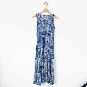 Monsoon Beach Maxi Dress Size S 8 10 Blue Floral Boho Tie V Neck - Picture 1 of 18