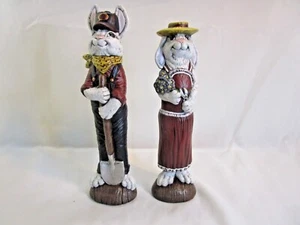 Vintage Smiling Bunny Couple Ceramic Mold Figurines Hand Painted 9.5" Tall - Picture 1 of 4