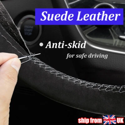 15"/38cm Anti-Slip With Needle Thread Suede Leather Car Steering Wheel Cover UK, - Image 1 of 4