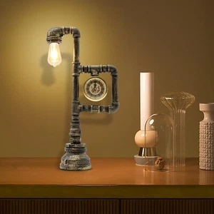 Lampada da tavolo arte ferro tubo orologio vintage stile industriale retrò bronzo 110V - Foto 1 di 17