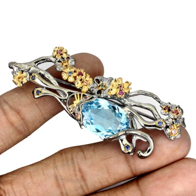 Broche de plata de ley 925 topacio 18,43 quilates zafiro hecho a mano joyas de piedras preciosas 🎁 Foto 1 de 4