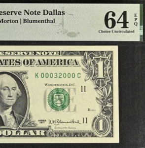 1977 $1 Federal Reserve Note PMG 64EPQ - Birthday Fancy Serial Number 00032000 - Picture 1 of 3