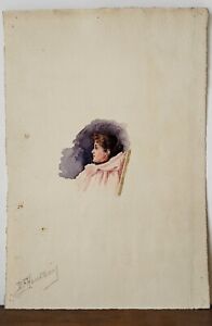 Aquarelle, Esquisse. " Femme au chignon en médaillon". Signée B. Flournoy  1900