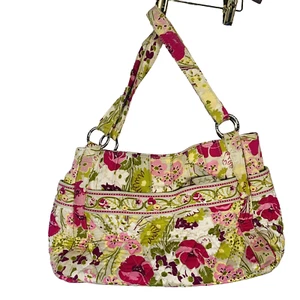 Vera Bradley Hand Shoulder Purse bag Green Pink Floral cloth front top zip - Picture 1 of 8