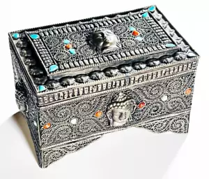 Antique 5" Tibetan Silver Filigree Turquoise Inlay Gau Prayer Box, Trinket Box - Picture 1 of 23